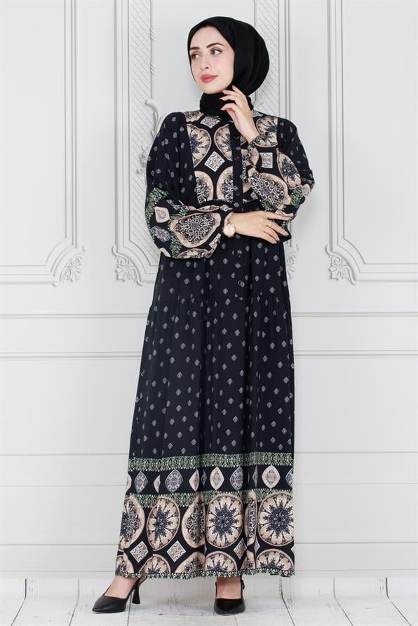 Printed viscose dress -black
