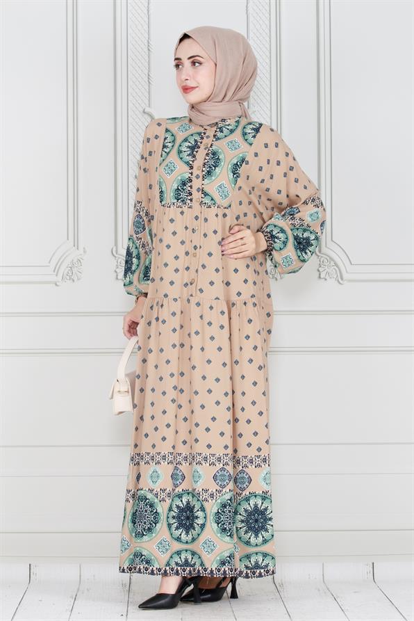 Printed viscose dress -mink color