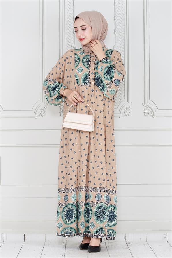 Printed viscose dress -mink color