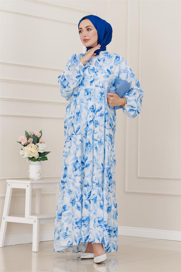 Yarım Düğmeli Lotus Elbise-Mavi
