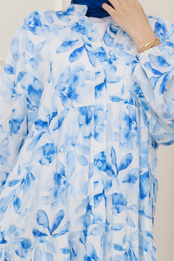 Yarım Düğmeli Lotus Elbise-Mavi