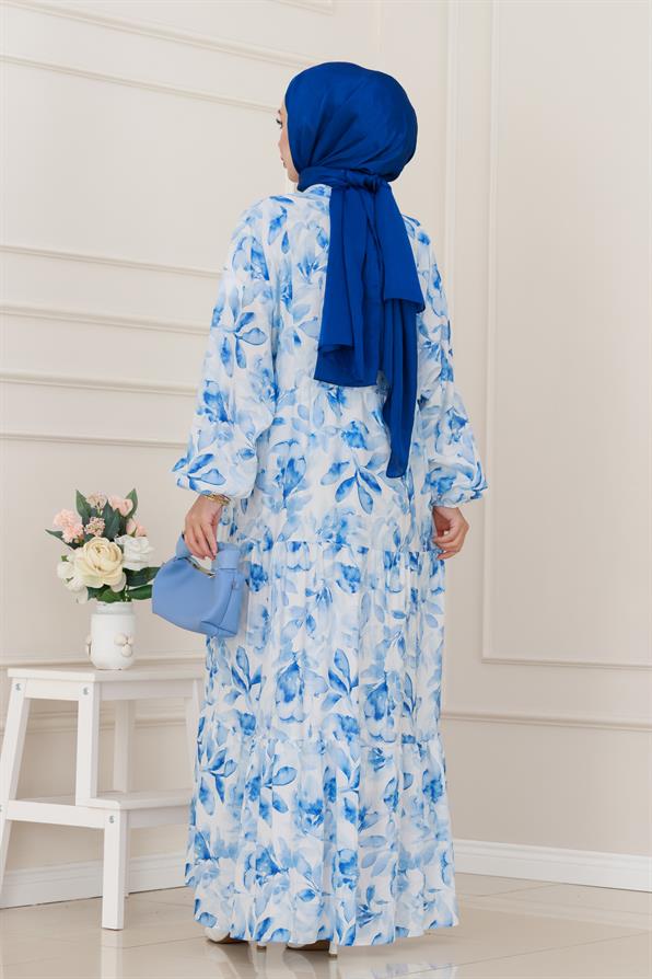 Yarım Düğmeli Lotus Elbise-Mavi