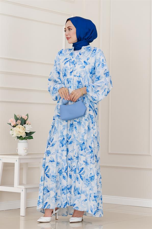 Yarım Düğmeli Lotus Elbise-Mavi