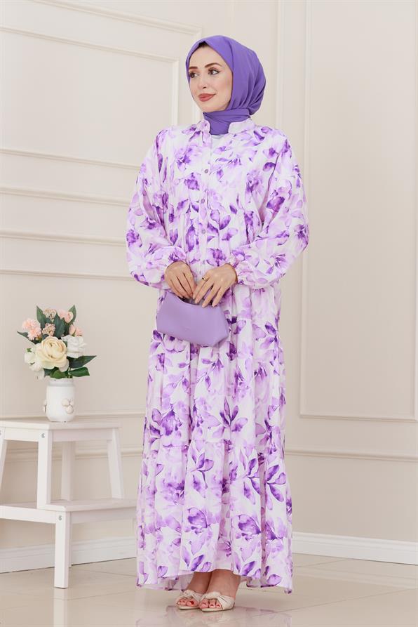 Yarım Düğmeli Lotus Elbise-Mor