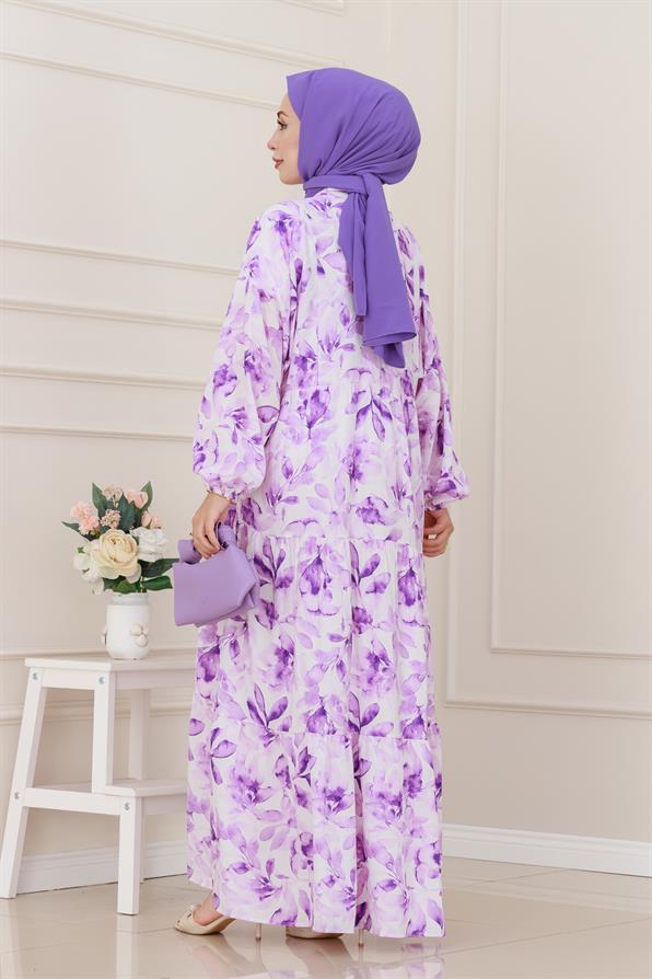 Yarım Düğmeli Lotus Elbise-Mor