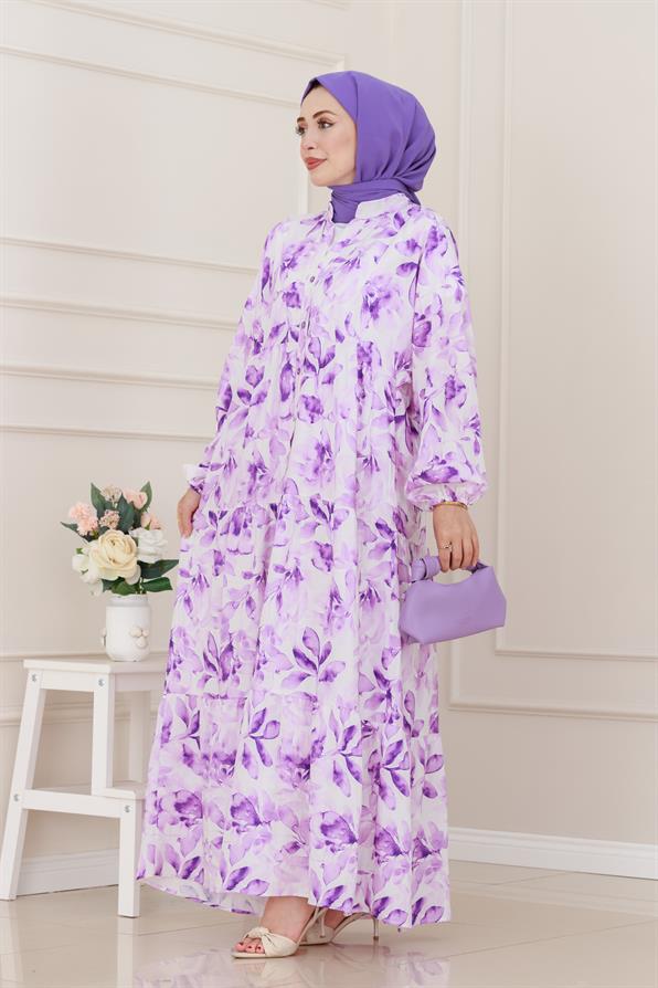 Yarım Düğmeli Lotus Elbise-Mor