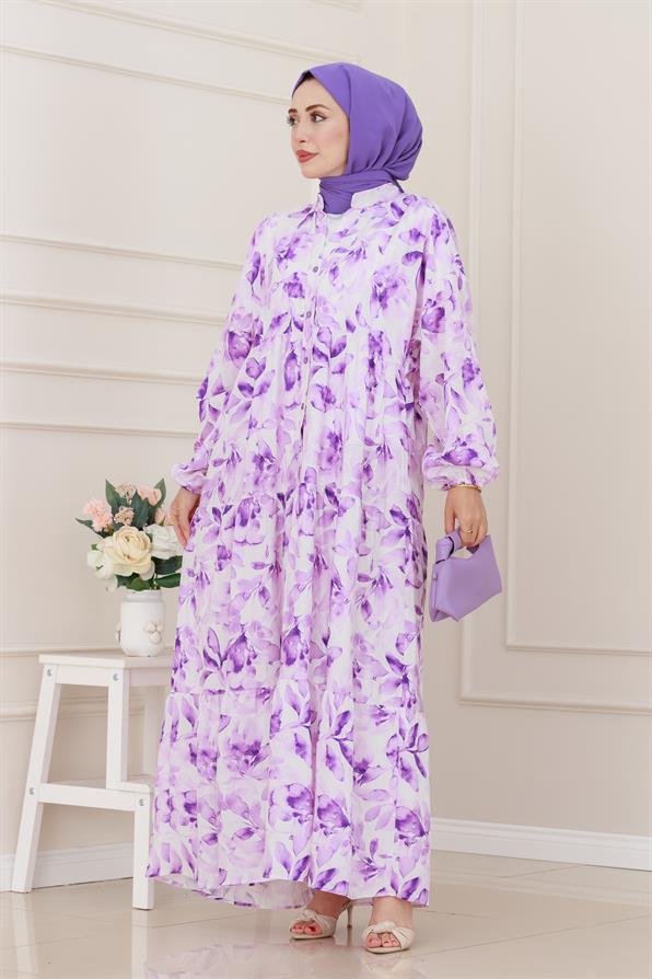 Yarım Düğmeli Lotus Elbise-Mor