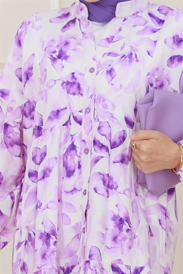 Yarım Düğmeli Lotus Elbise-Mor