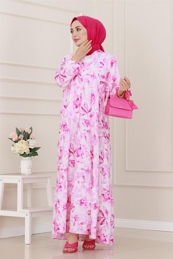 Yarım Düğmeli Lotus Elbise-Pembe