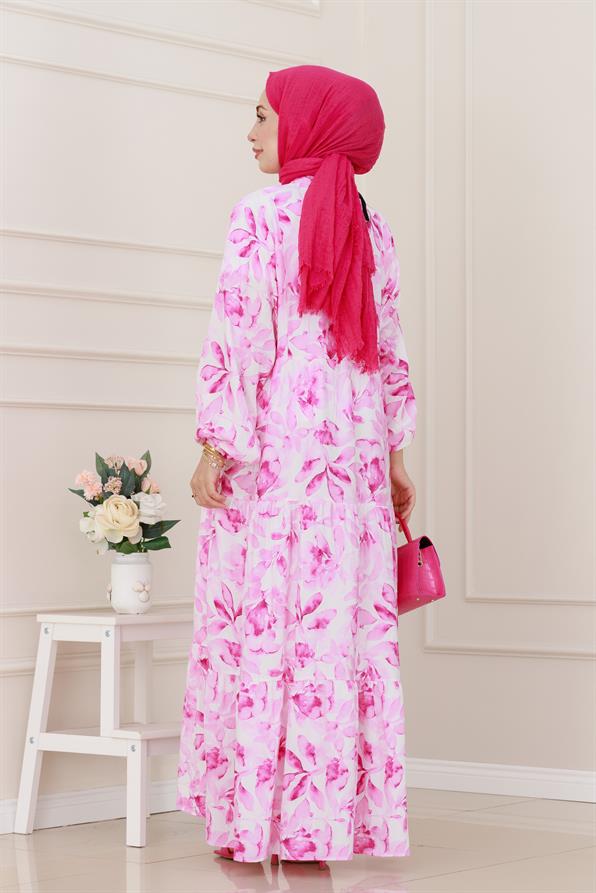 Yarım Düğmeli Lotus Elbise-Pembe