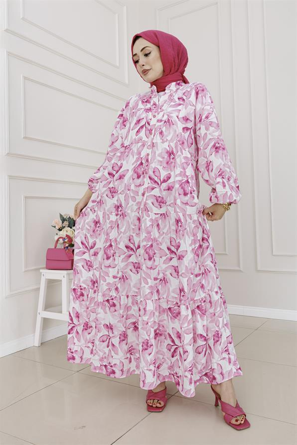 Yarım Düğmeli Lotus Elbise-Pembe