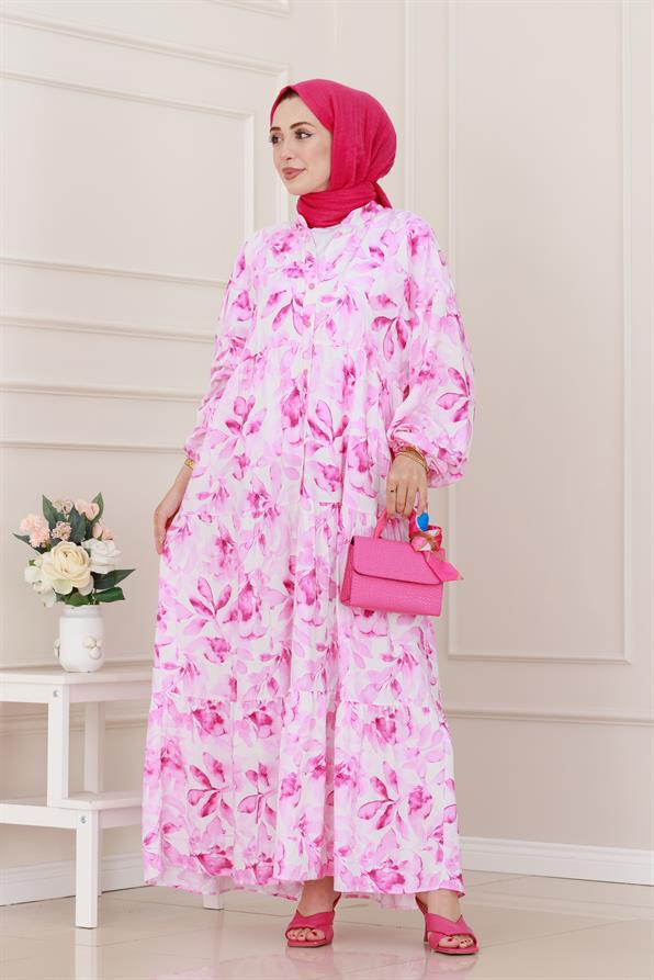 Yarım Düğmeli Lotus Elbise-Pembe