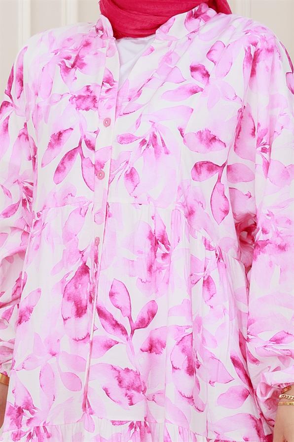 Yarım Düğmeli Lotus Elbise-Pembe