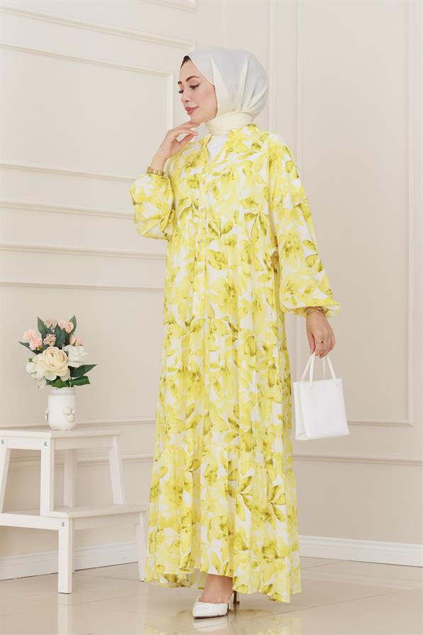 Yarım Düğmeli Lotus Elbise-Sarı