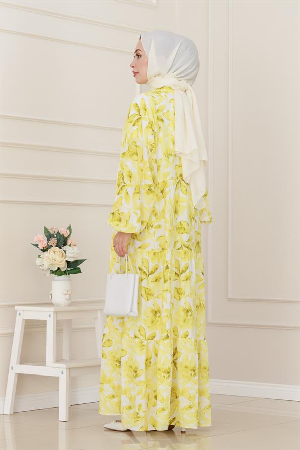 Yarım Düğmeli Lotus Elbise-Sarı