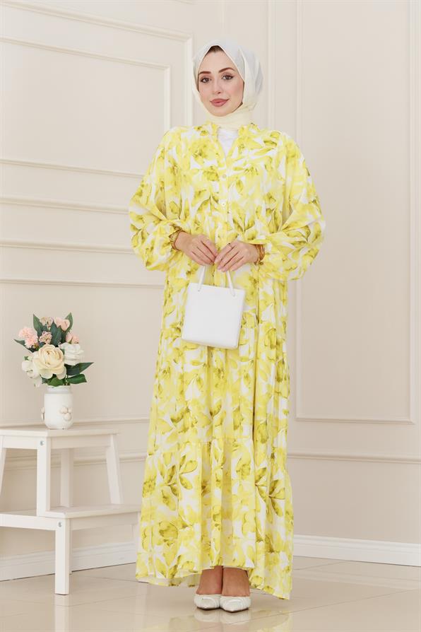 Yarım Düğmeli Lotus Elbise-Sarı