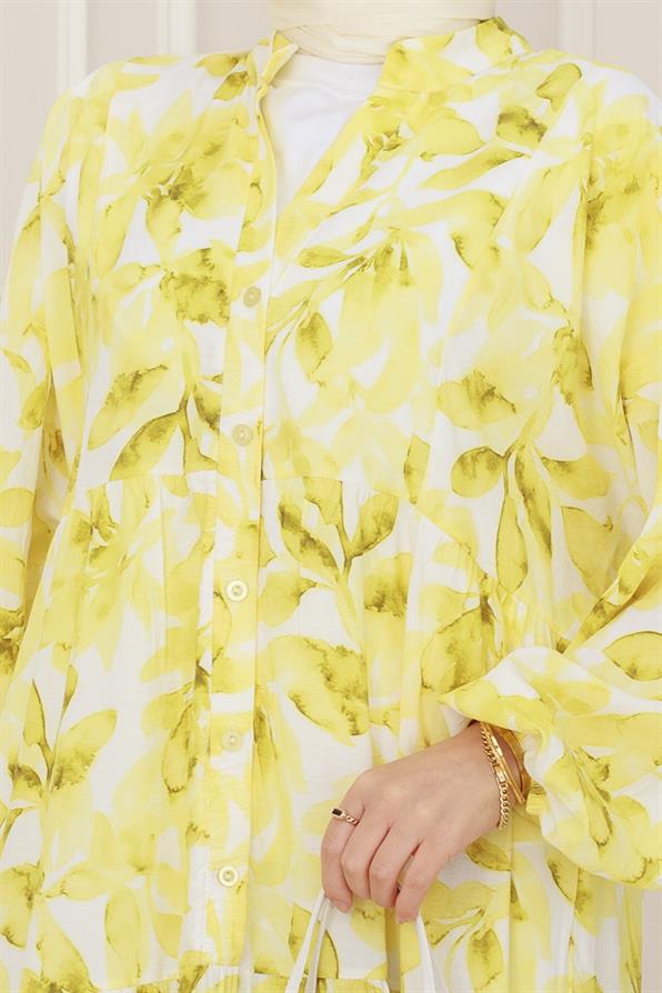 Yarım Düğmeli Lotus Elbise-Sarı