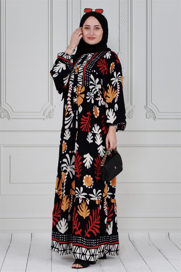 فستان محجبات موسمي نصف أزرار-أحمر