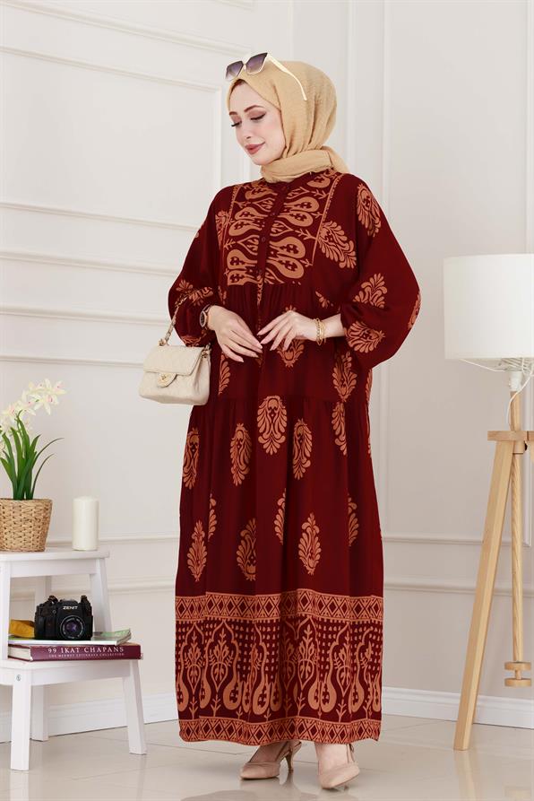 Yarım Düğmeli Robalı Amine Elbise-Bordo