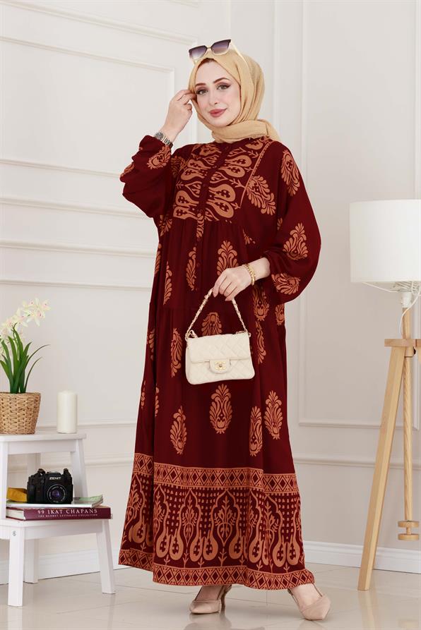 Yarım Düğmeli Robalı Amine Elbise-Bordo