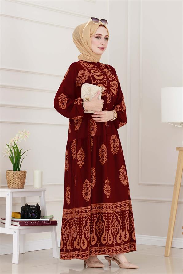 Yarım Düğmeli Robalı Amine Elbise-Bordo