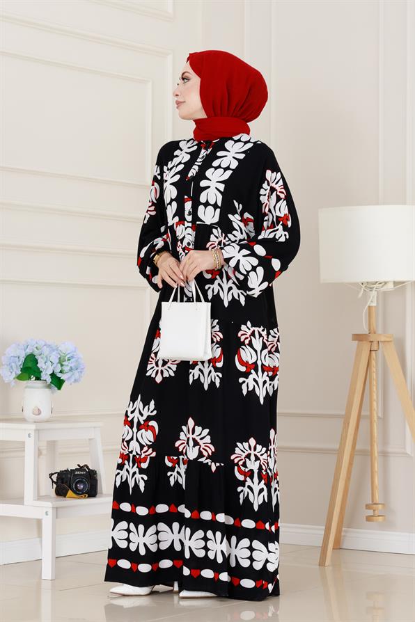 Yarım Düğmeli Robalı Belinay Elbise-Siyah