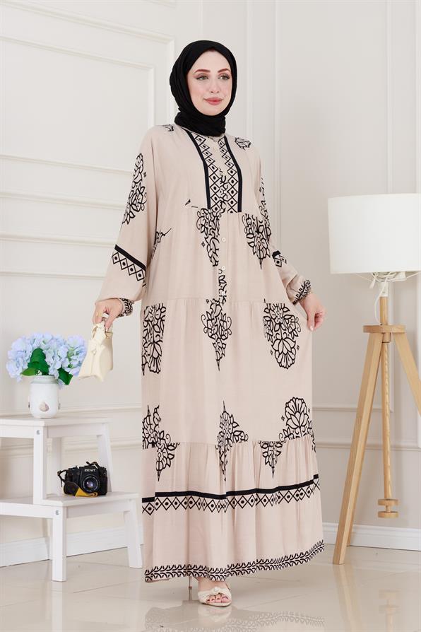 Yarım düğmeli Robalı Beyza Elbise-Bej