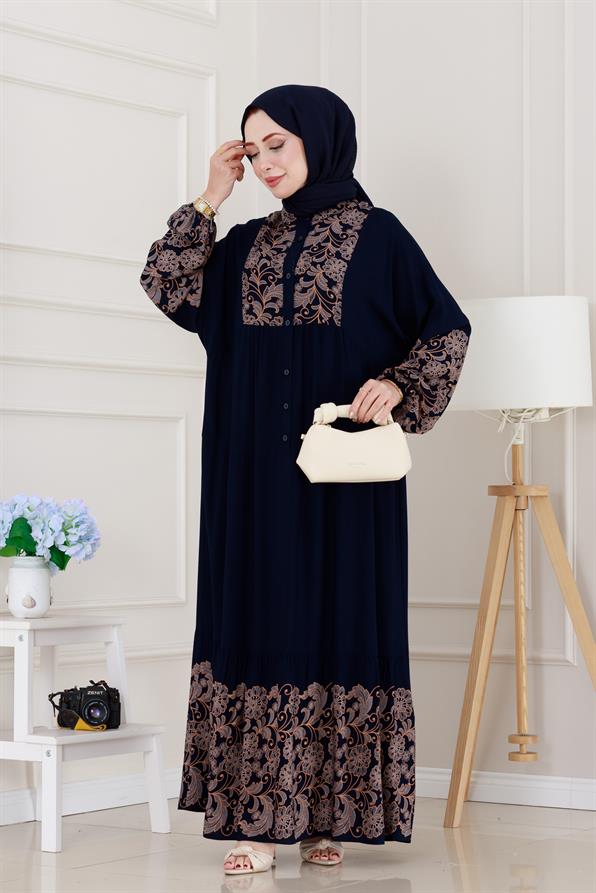 Yarım Düğmeli Robalı Beyza Elbise-Beyaz