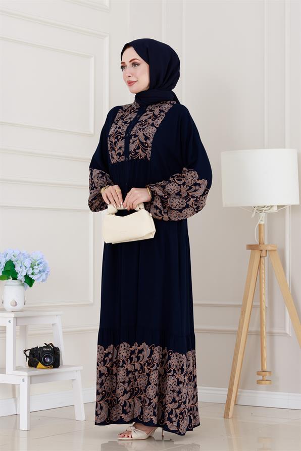 Yarım Düğmeli Robalı Beyza Elbise-Beyaz