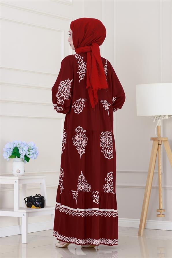 Yarım düğmeli Robalı Beyza Elbise-Bordo