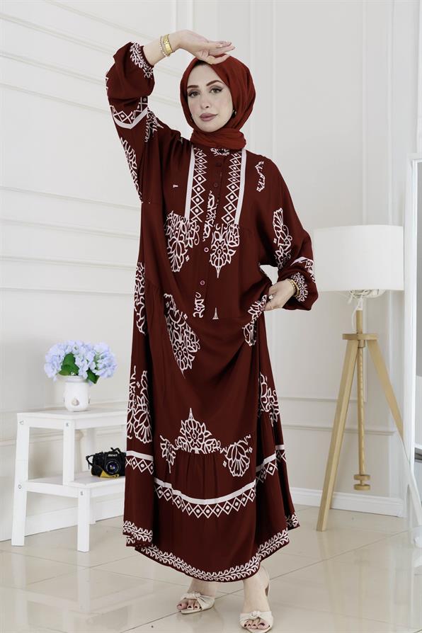 Yarım düğmeli Robalı Beyza Elbise-Bordo