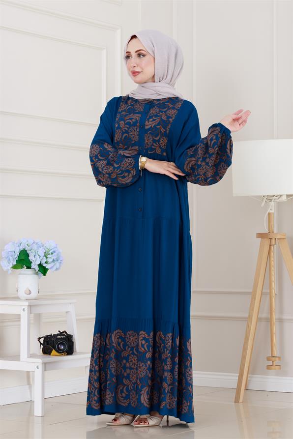 Yarım Düğmeli Robalı Beyza Elbise-İndigo