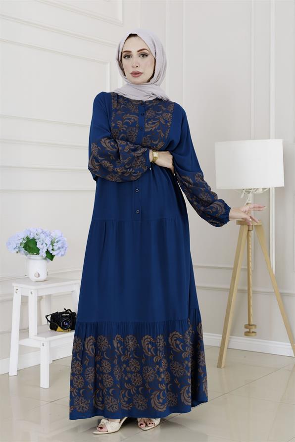 Yarım Düğmeli Robalı Beyza Elbise-İndigo