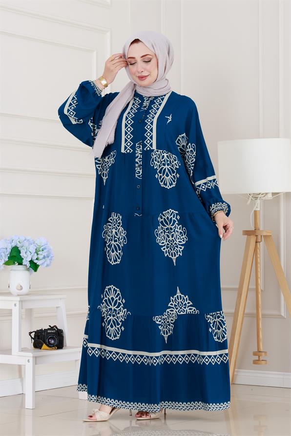Yarım düğmeli Robalı Beyza Elbise-İndigo
