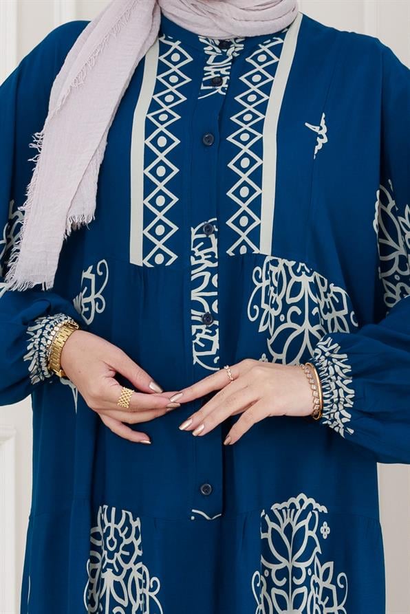 Yarım düğmeli Robalı Beyza Elbise-İndigo