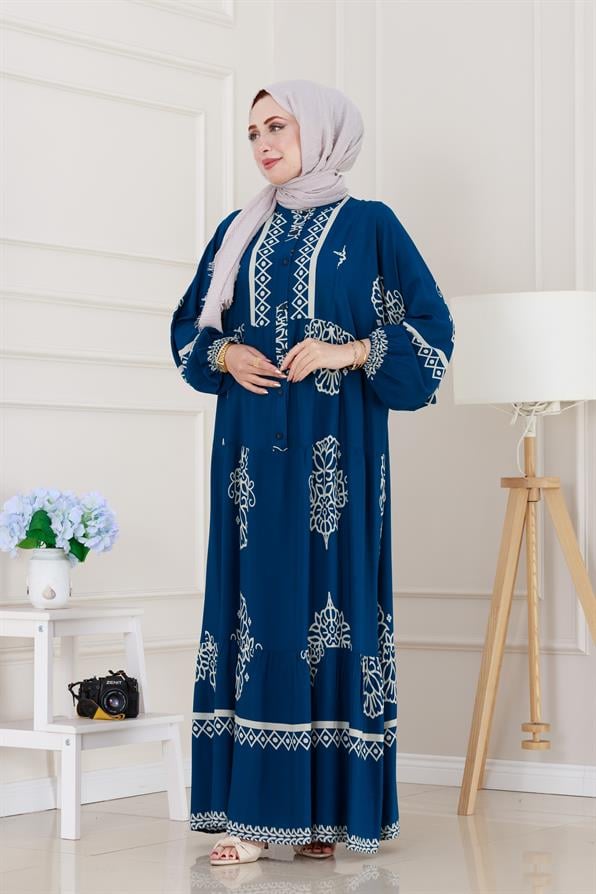 Yarım düğmeli Robalı Beyza Elbise-İndigo