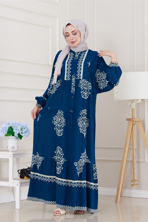 Yarım düğmeli Robalı Beyza Elbise-İndigo