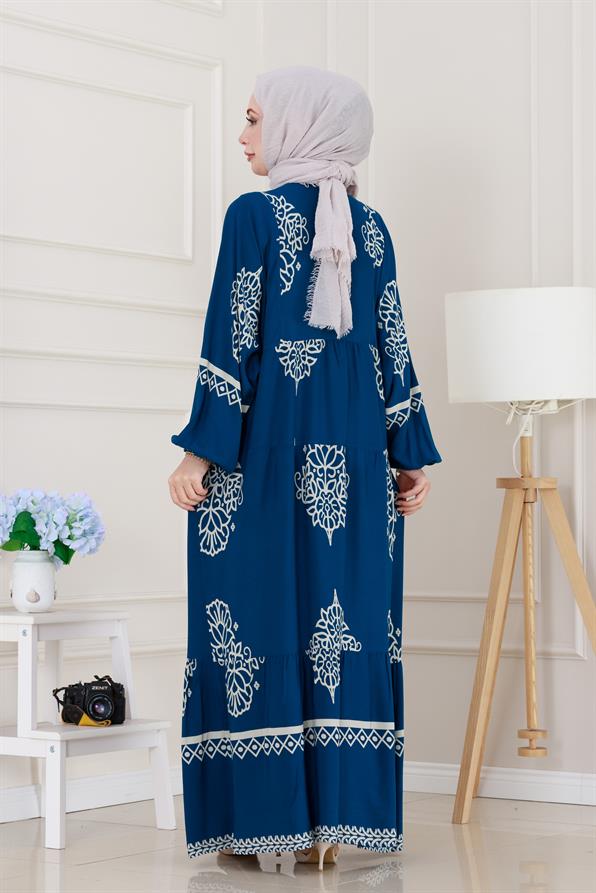 Yarım düğmeli Robalı Beyza Elbise-İndigo