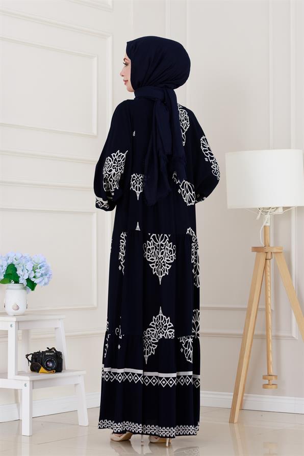 Yarım düğmeli Robalı Beyza Elbise-Lacivert