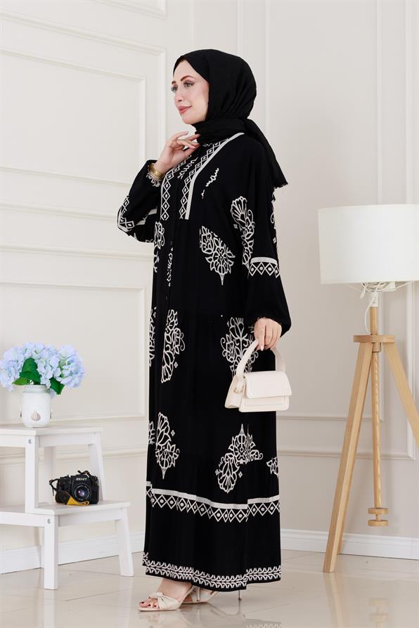 Yarım düğmeli Robalı Beyza Elbise-Siyah