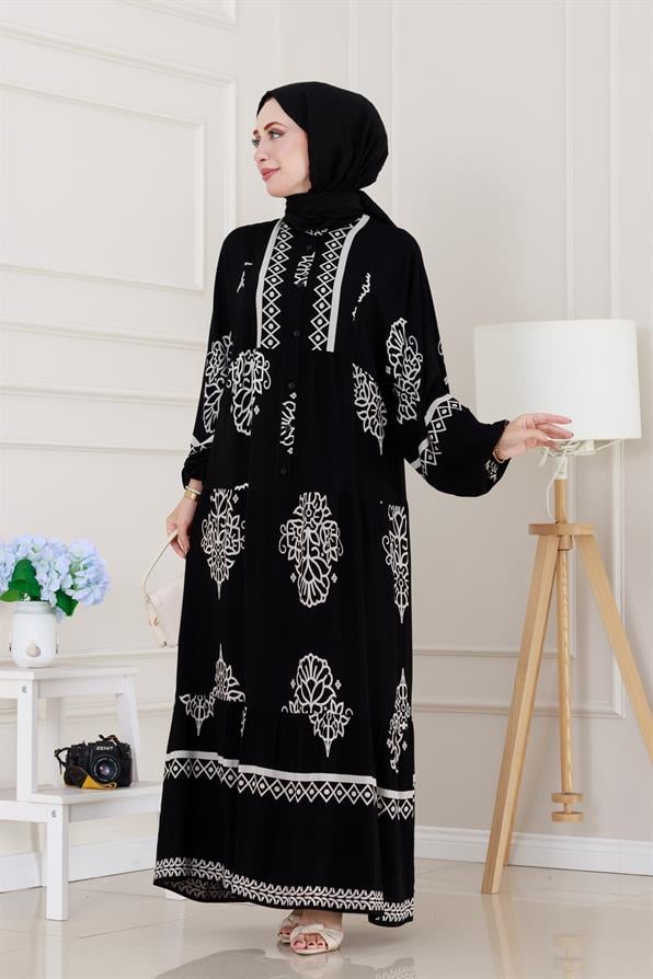 Yarım düğmeli Robalı Beyza Elbise-Siyah