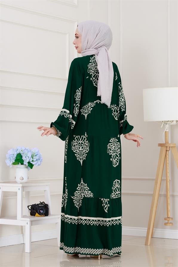 Yarım düğmeli Robalı Beyza Elbise-Yeşil