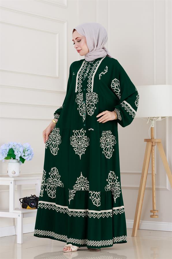 Yarım düğmeli Robalı Beyza Elbise-Yeşil