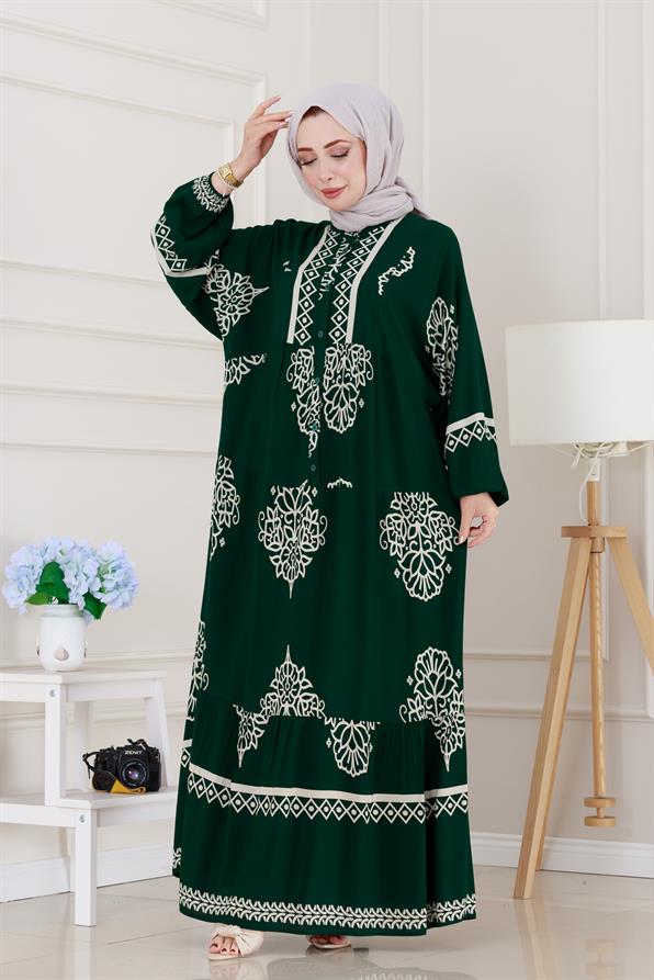 Yarım düğmeli Robalı Beyza Elbise-Yeşil