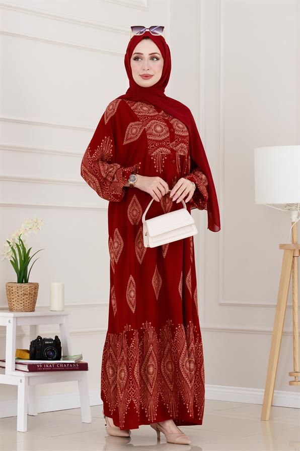 Yarım Düğmeli Robalı Hira Elbise-Bordo