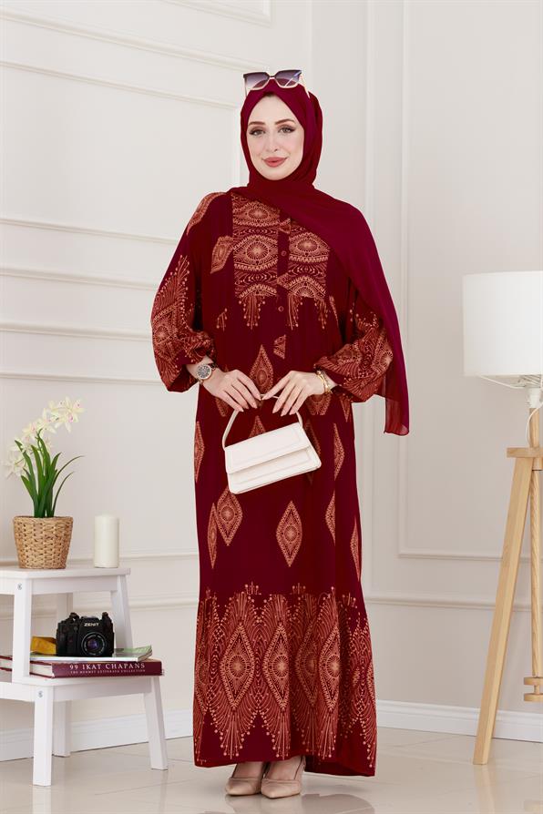 Yarım Düğmeli Robalı Hira Elbise-Bordo