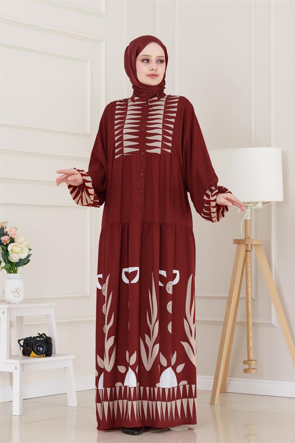 Yarım Düğmeli Robalı Hülya Elbise-Bordo