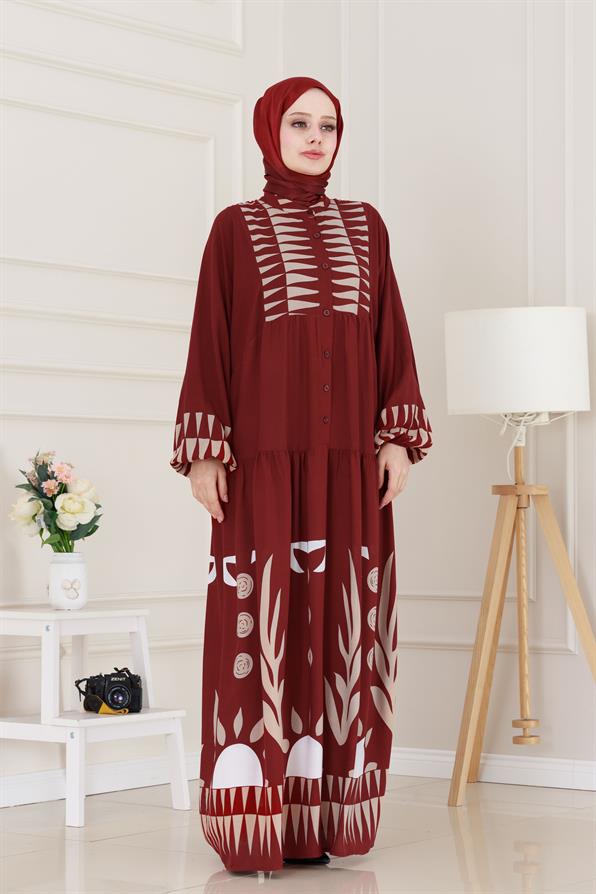 Yarım Düğmeli Robalı Hülya Elbise-Bordo