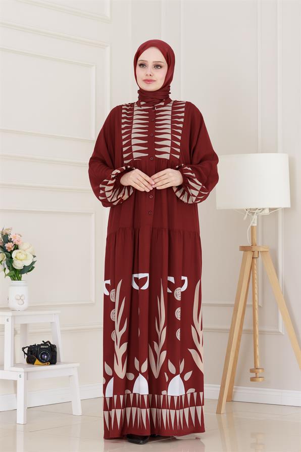 Yarım Düğmeli Robalı Hülya Elbise-Bordo