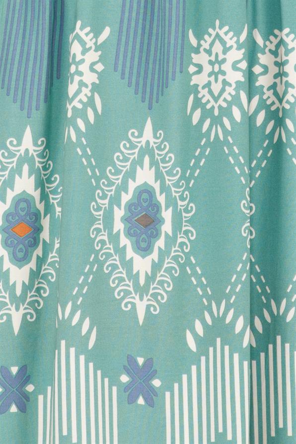 Yarım Düğmeli Robalı İkat Desen Elbise-Mint Yeşili